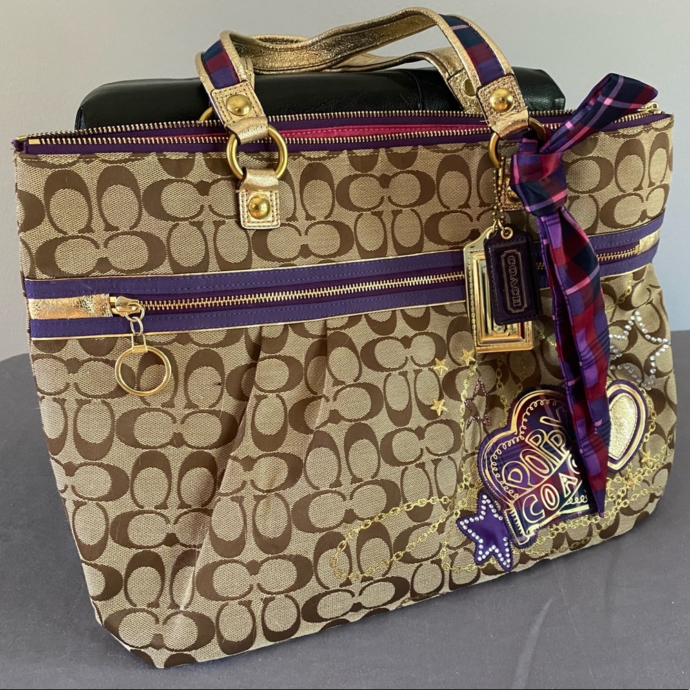 Coach Poppy Tartan Plaid Appliqué Large Glam Bag